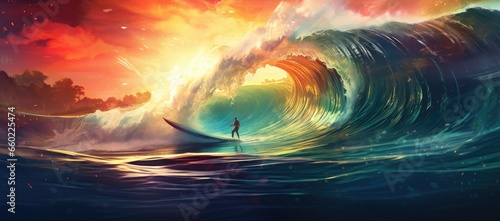A surfer riding a massive wave on a surfboard