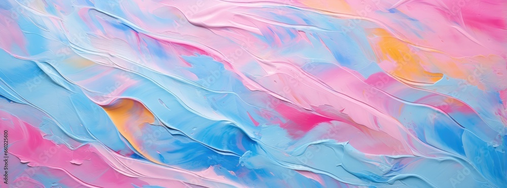 An abstract painting featuring vibrant shades of blue, pink, and yellow