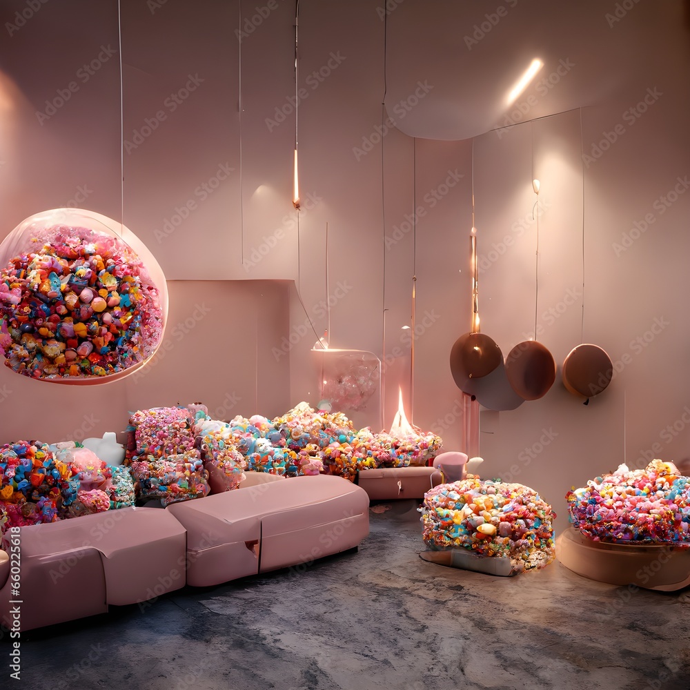 environment living room made of marshmallows chocolate lollipop candy cupcakes donuts ice cream fantasy hyperrealistic unreal engine octane render volumetric lighting  - obrazy, fototapety, plakaty 