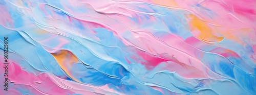 An abstract painting featuring vibrant shades of blue, pink, and yellow