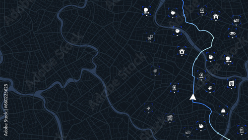 Abstract transportation background with POI. Transportation-related designs, promotional materials. Establishments, gas stations, parks, restaurants. Streets, blocks, route for movement on the streets