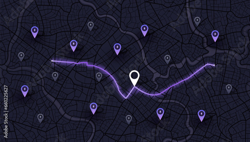 Location EV charging station location mark on gps navigation map a lot with fast supercharger station. Path turns and destination tag or mark. Huge city top view Tracking path, route. vector isometric