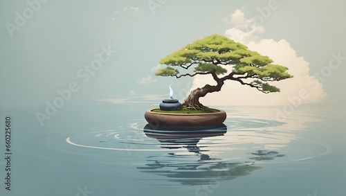 minimalist and Zen-inspired tee with a tranquil bonsai tree