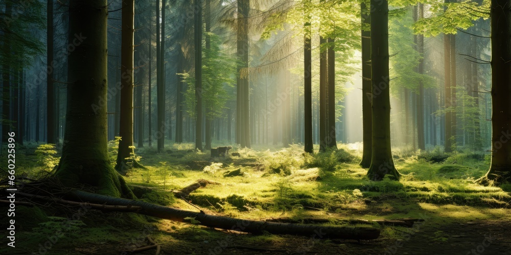 Obraz premium tranquil forest with sunlight filtering through trees, generative AI