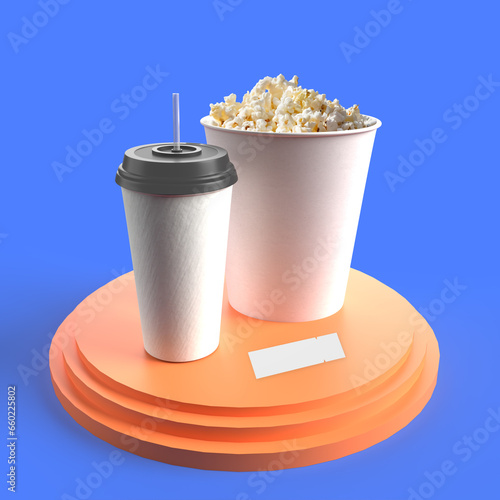 Soda Glass with Popcorn, Soda Glass Mockup, 3D Mockup, Realistic Images, Soda Glass 3D Packaging © CreatiStar