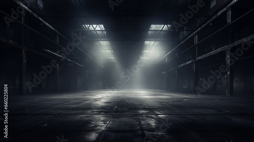 An empty warehouse filled with smog