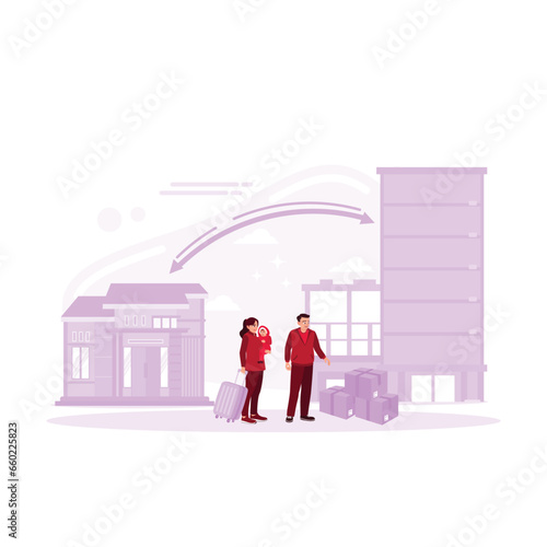 A husband and wife and their baby move from house to apartment with belongings in boxes. Mortgage Process concept. Trend Modern vector flat illustration