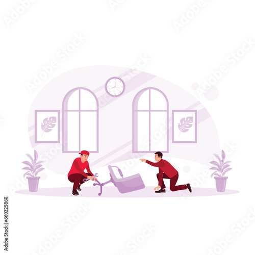 A man asks a repairer to help assemble a chair in his new house. Mortgage Process concept. Trend Modern vector flat illustration