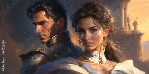 a beautiful Spanish princess and a handsome spaniard very masculine with brown eyes nice composition flirty pose wearing a half luxury armor stunning palace background very windy sunset dawn tones a 