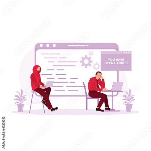 The businessman is sad because someone has hacked his account data. Could Computing concept. Trend Modern vector flat illustration