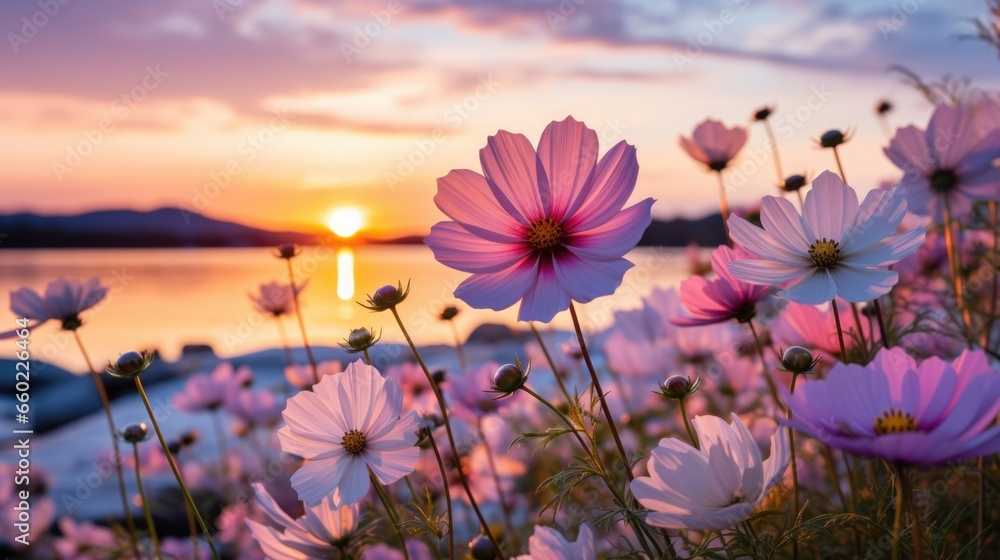 colorful blooming cosmos flower field in the morning sunrise.