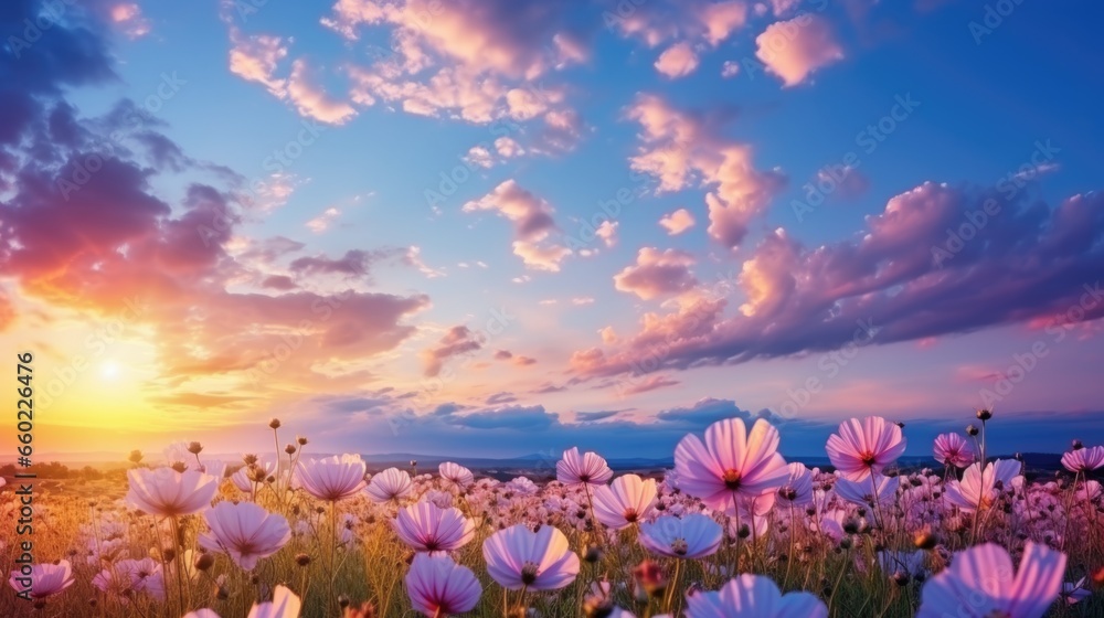 colorful blooming cosmos flower field in the morning sunrise.