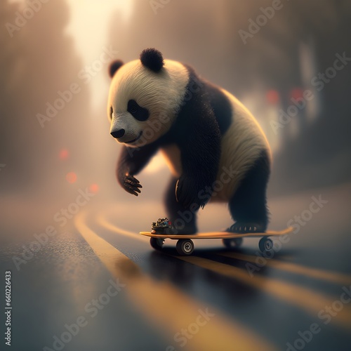 Awesome Panda downhill skateboarding in the fog medium format photography tilt shift photography cinematic cinematic color grade cinematic composition bokeh lens flare 
