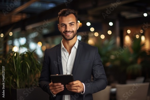 A businessman in a suit holding a tablet device