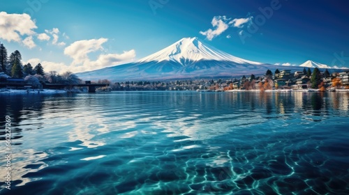 Mount Fuji or Fujisan, the symbol of Japan with blue sky background.