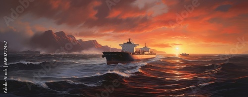 A serene sunset at sea with a majestic ship sailing on the horizon