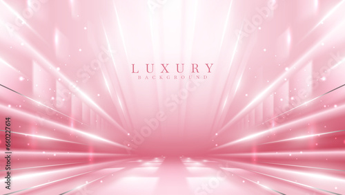 Pink stage scene with silver line elements and glitter light effect with beam and bokeh. Luxury background.