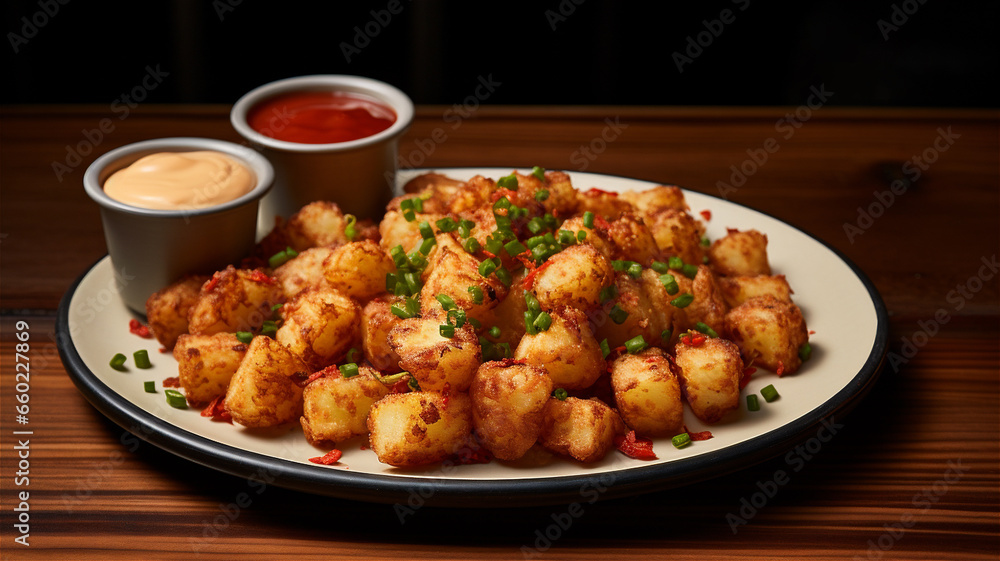 A plate of crispy tater tots aka hush puppies with ketchup and mayonnaise condiments on the side. A plate of crispy tater tots aka hush puppies with ketchup and mayonnaise condiments on the side.