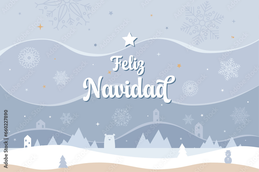 Tarjeta de navidad estilo nórdico y minimalista, con paisaje con nieve, estrellas, montañas, pinos y pueblo. Recurso gráfico vector. En español. - obrazy, fototapety, plakaty 
