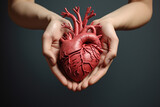 A hand holding a heart-shaped model of the human organ