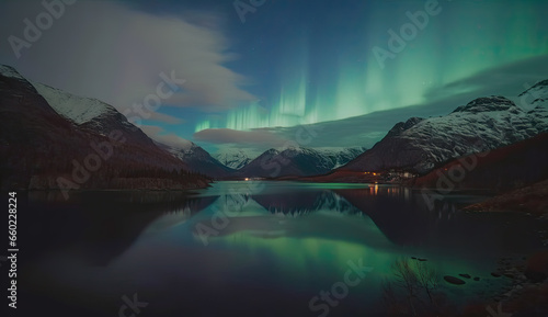 Aurora borealis on the Norway. Green northern lights above mountains. Night sky with polar lights. Night winter landscape with aurora and reflection on the water surface. 
