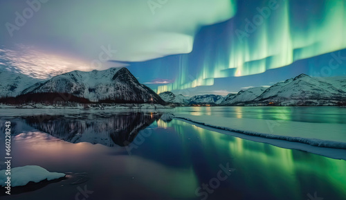 Aurora borealis on the Norway. Green northern lights above mountains. Night sky with polar lights. Night winter landscape with aurora and reflection on the water surface. 
