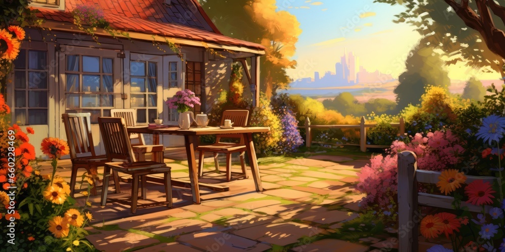 painting of a cottage with a realistic view of photos,There are small houses, tables and chairs in the yard, generative AI