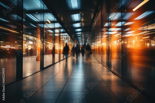 People in rapid motion, moving through a passage between glass walls in a bustling city, representing the fast-paced and energetic rhythm of urban life. Photorealistic illustration