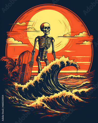 Halloween skeleton vintage sunset Illustration Retro color 2D Background