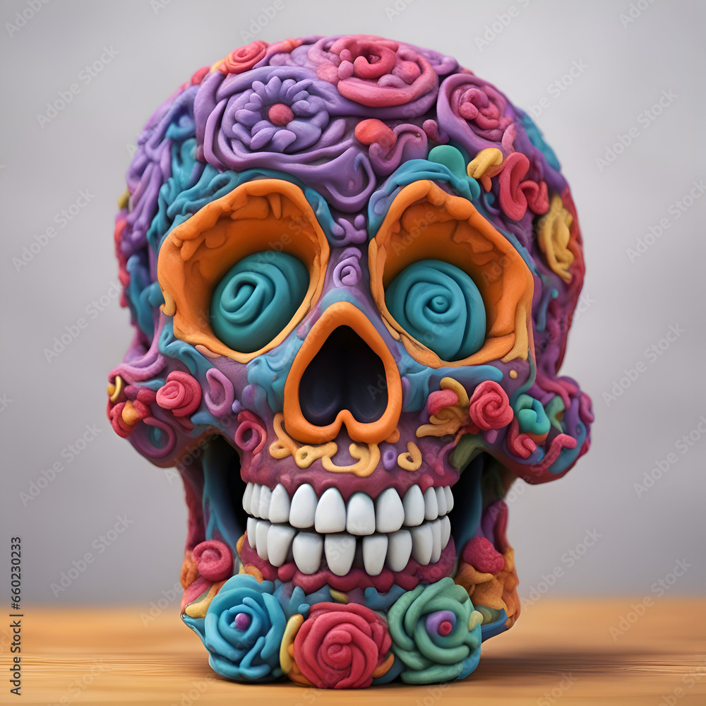 3d illustration of a colorful sugar skull on the wooden table.