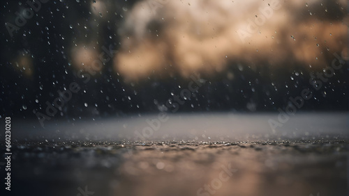 Raindrops on the wet asphalt in the rain. Blurred background © Waqar