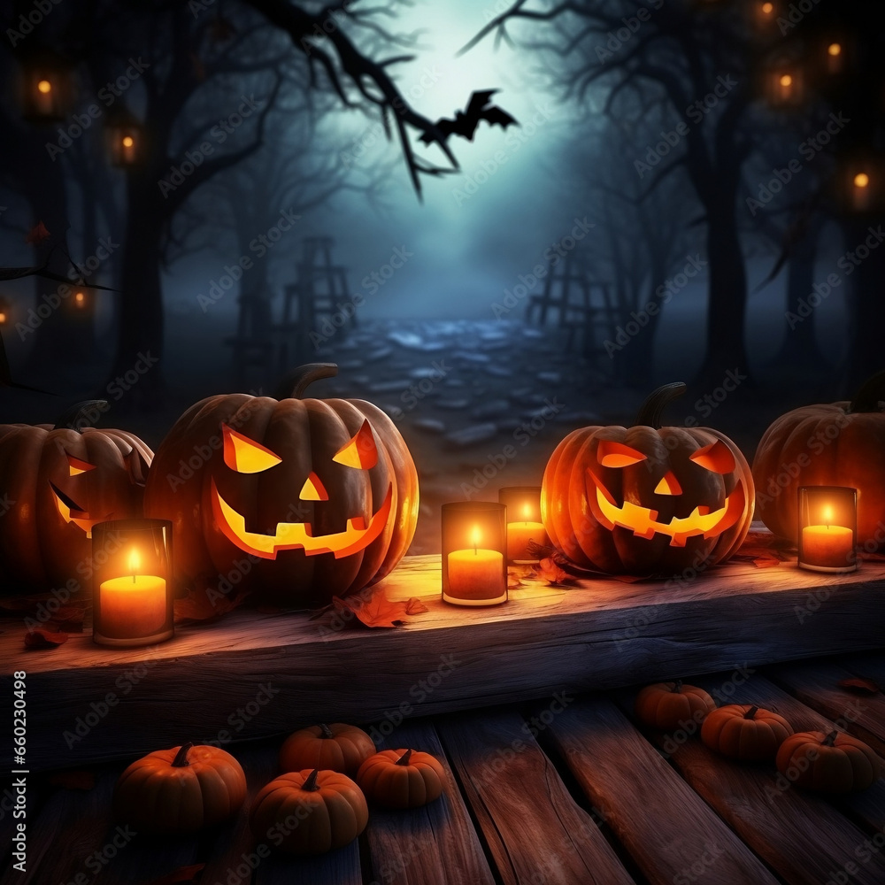 Halloween, pumpkin head, moon in the night sky, spooky trees and bats - Halloween background. AI creation Halloween, pumpkin head, moon in the night sky, spooky trees and bats - Halloween background. AI creation