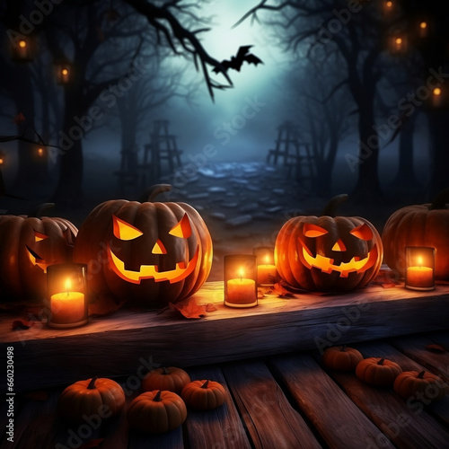 Halloween, pumpkin head, moon in the night sky, spooky trees and bats - Halloween background. AI creation