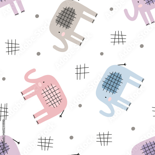 Canvas Print Scandinavian hand drawn elephant with polka dot background, colorful safari anim