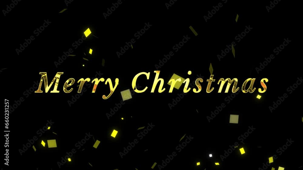 Golden animated Merry Christmas text with golden confetti falling on black background Golden animated Merry Christmas text with golden confetti falling on black background