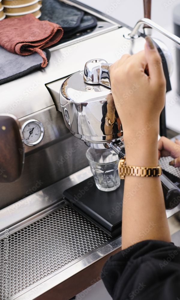 Barista Operating Espresso Machine Barista Operating Espresso Machine
