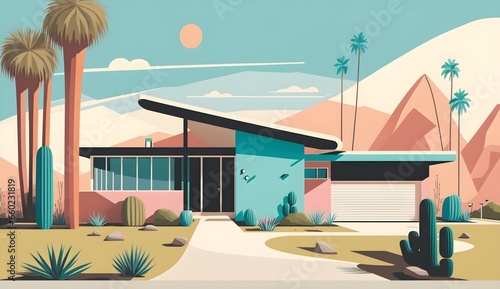 The timeless elegance and iconic mid-century modern architectural design of Palm Springs, blending sleek lines, minimalism, and retro-futuristic aesthetics, reminiscent of the 1950s, in a desert oasis