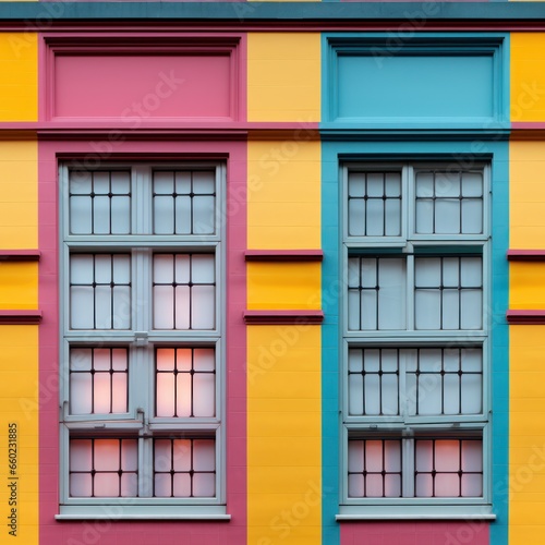 Seamless pattern texture of an old building with windows painted with cheerful colors
