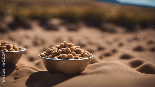 Sesame seeds in a bowl on a background of the desert.