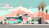 The timeless elegance and iconic mid-century modern architectural design of Palm Springs, blending sleek lines, minimalism, and retro-futuristic aesthetics, reminiscent of the 1950s, in a desert oasis