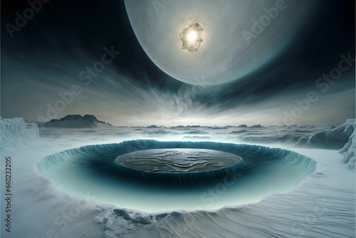 surface of an ice planet with saturn in the sky polar arctic circle ice gas dense atmosphere intricate river channels and lakes filled with dry ice gas atmospheric epic wide shot NASA photograph 