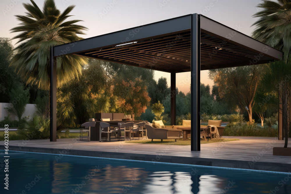 Modern patio furniture include a pergola shade structure, an awning, a patio roof, a dining table, seats