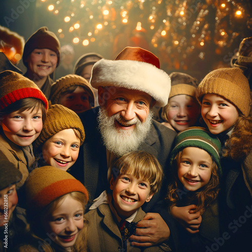 A teacher Janusz Korczak surrounded by children in a christmas atmosphere photo