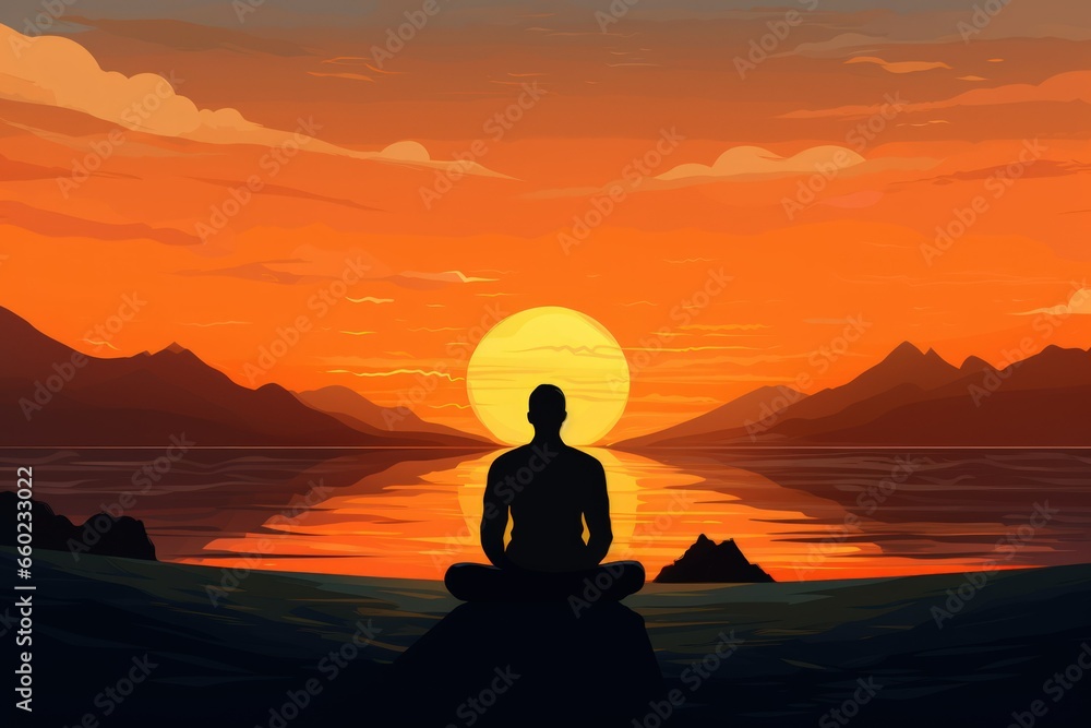 meditation at sunset by the lake, inner peace, generative ai