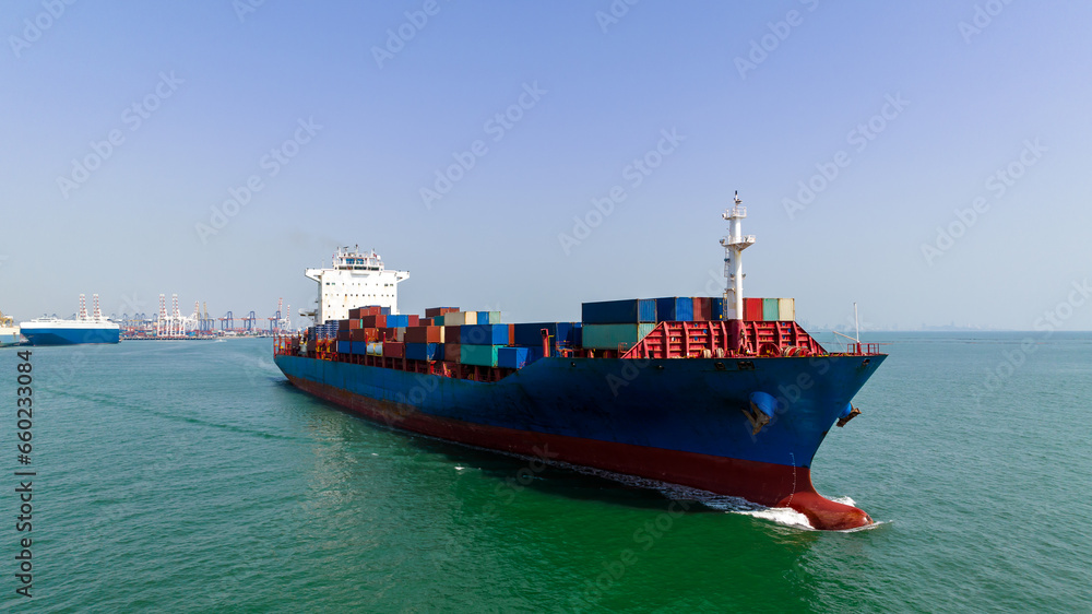 Fototapeta premium container cargo ship import export global business and industry commercial trade logistic and transportation of international by container cargo ship in sea, container cargo freight shipping, 