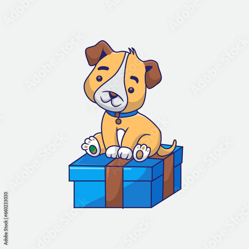 Cute Dog Playing In Box Cartoon Vector Icon Illustration. Animal Flat Cartoon Concept
