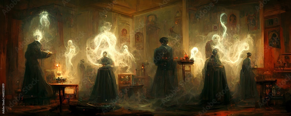 Victorian seance ghosts evil dangerous transmutation  - obrazy, fototapety, plakaty 