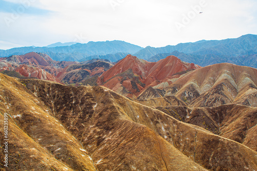 Danxia landform in Zhangye, China. Danxia landform is formed from red sandstones photo