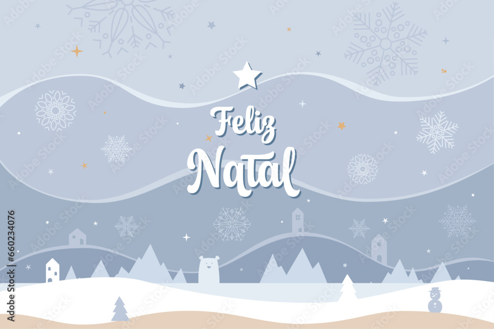 Cartão de Natal de estilo nórdico e minimalista, com uma paisagem com neve, estrelas, montanhas, pinheiros e uma cidade. Recurso gráfico vetorial. Em português.