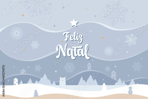 Cartão de Natal de estilo nórdico e minimalista, com uma paisagem com neve, estrelas, montanhas, pinheiros e uma cidade. Recurso gráfico vetorial. Em português.